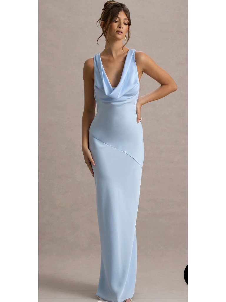 Boutique Powder Blue Satin Cowl Neck Slip Maxi Dress Size 6